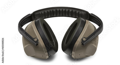 Isolated Beige Noise-Canceling Earmuffs with Black Trim on White Background.
