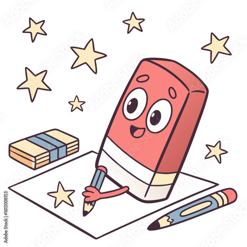 A happy eraser drawing with a pencil on paper surrounded by stars