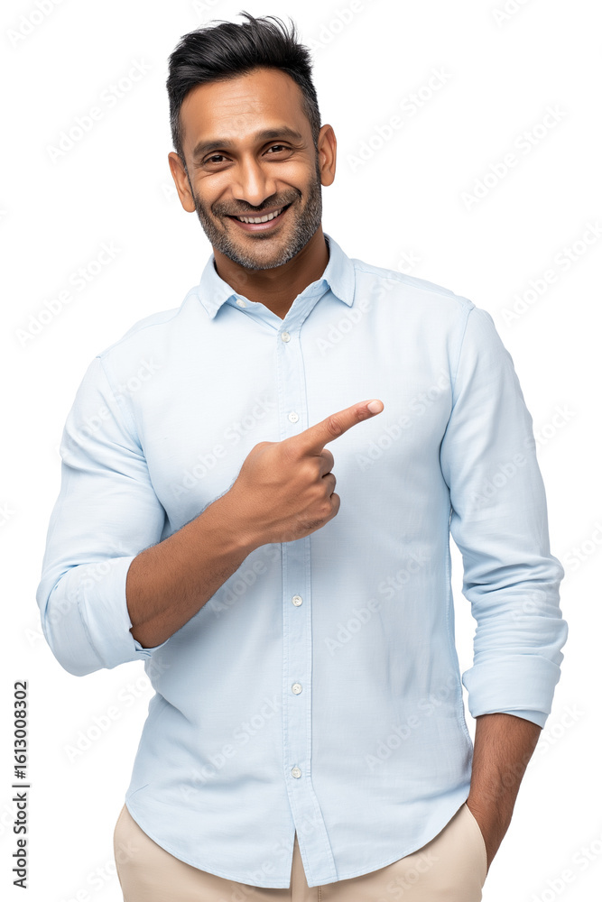 A happy man in a white shirt and beige pants, pointing to the right, against a transparent background A happy man in a white shirt and beige pants, pointing to the right, against a transparent background