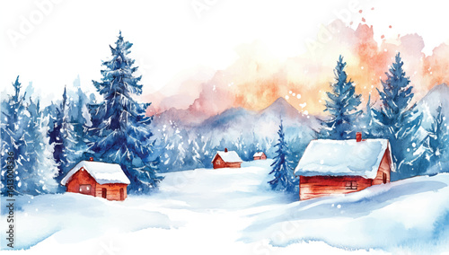 Watercolor Christmas houses landscape in snow, christmas house scene, pine tree, Countryside watercolor landscape illustration of winter