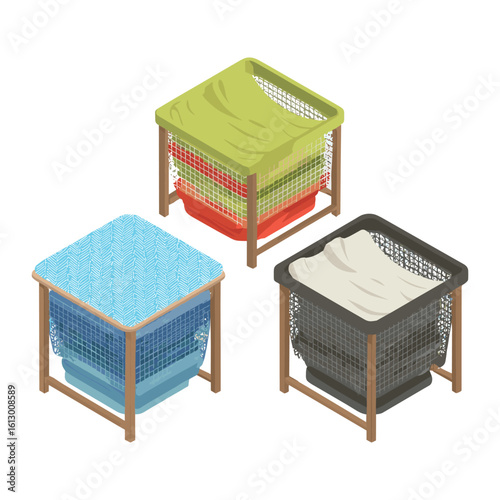 set of 3 isometric laundry baskets with foldable bench for home organization illustration