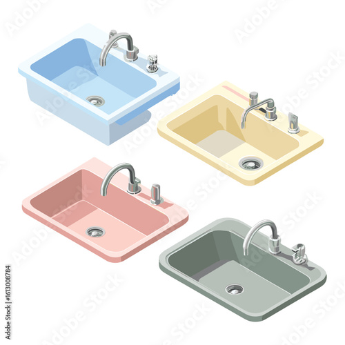 set of 4 isometric sinks in different colors for bathroom or kitchen utility illustration