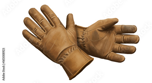 Detailed Illustration of Worn Leather Gloves Isolated on White Background.