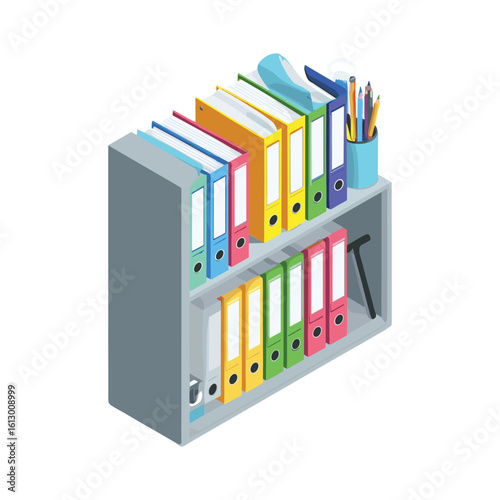 isometric file cabinet with colorful folders for office organization and document storage