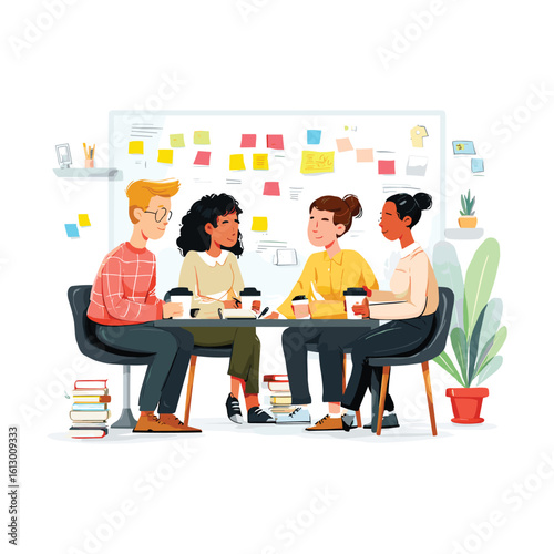 team of coworkers in planning session with sticky notes and board