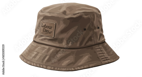 Labour Day Bucket Hat: Brown Fabric with Patch Detail.