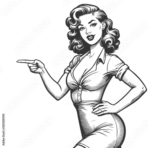 confident woman with voluminous hair pointing sideways, ideal for directing attention in designs sketch engraving generative ai fictional character vector illustration. Scratch board. Black and white.