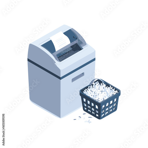 isometric paper shredder with shredded documents and basket