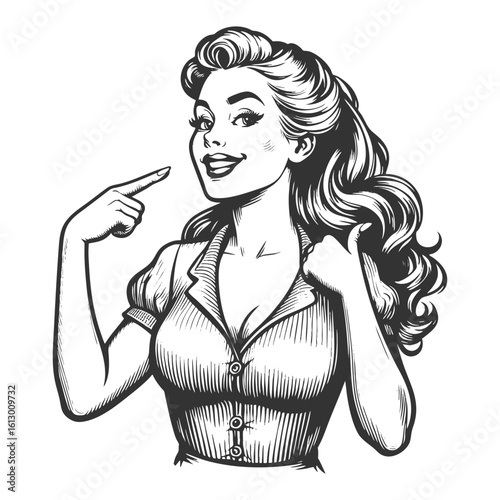 confident woman smiling and pointing at herself, expressing pride and self-assurance sketch engraving generative ai fictional character vector illustration. Scratch board. Black and white image.