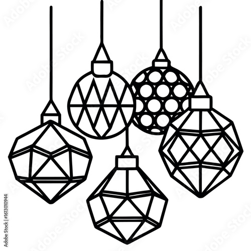 Monochrome line drawing displays various geometric baubles suspended by threads against a white backdrop