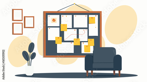 Illustration of a room with a bulletin board, an armchair, and framed pictures on the wall space