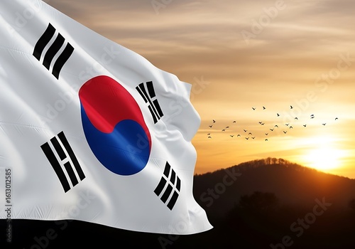 The south korean flag waves majestically against a sunset sky