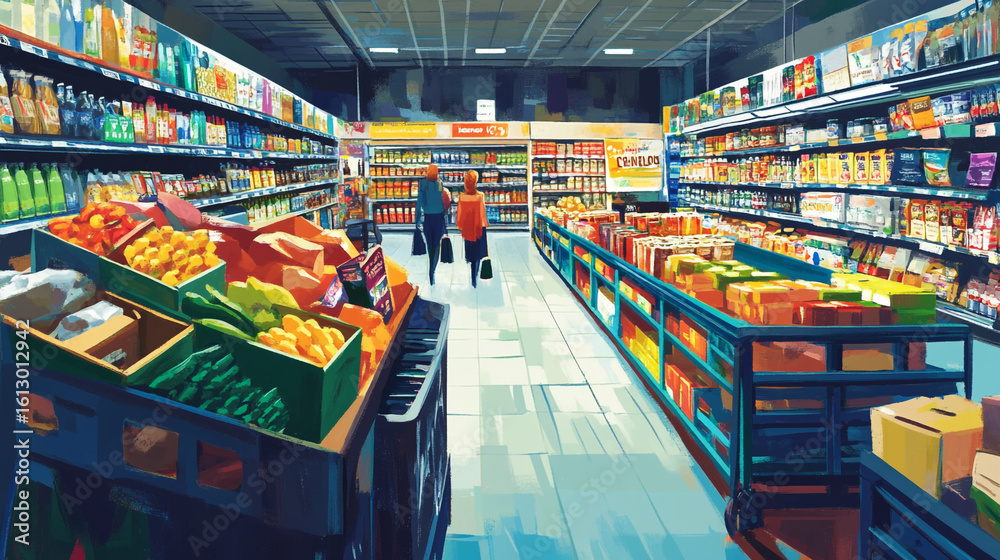 Naklejka premium Grocery store shoppers aisle produce fruits vegetables canned goods snacks drinks