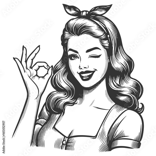 smiling woman winking and making an OK sign sketch engraving generative ai fictional character vector illustration. Scratch board imitation. Black and white image.