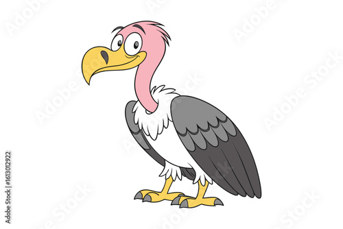 Funny cartoon vulture bird with pink head and yellow beak standing alert on a white background silhouette isolated on white background
