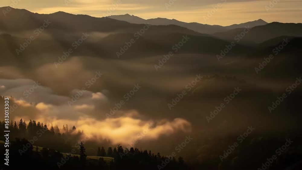 Mountain landscape with fog rolling through valleys at golden hour, a natural time lapse footage. Timelapse. View from above, bird's eye view