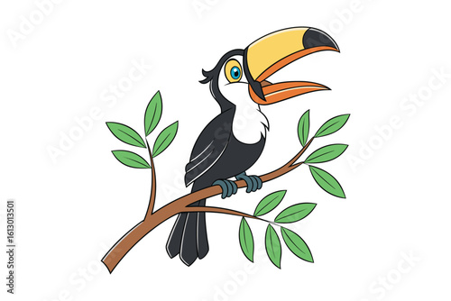 Cartoon toucan bird with large colorful beak perched on a tree branch with green leaves isolated on white background silhouette