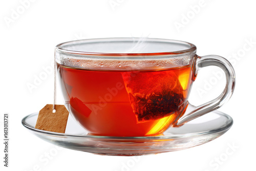 A cup of tea with tea bag on saucer, isolated on a transparent background