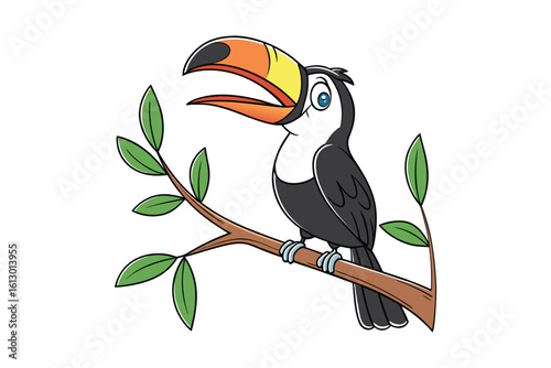 Cartoon toucan bird with large colorful beak perched on a tree branch isolated on white background silhouette