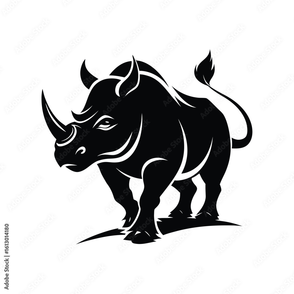 Obraz premium Powerful black silhouette of a rhino charging forward with its head down for advertising
