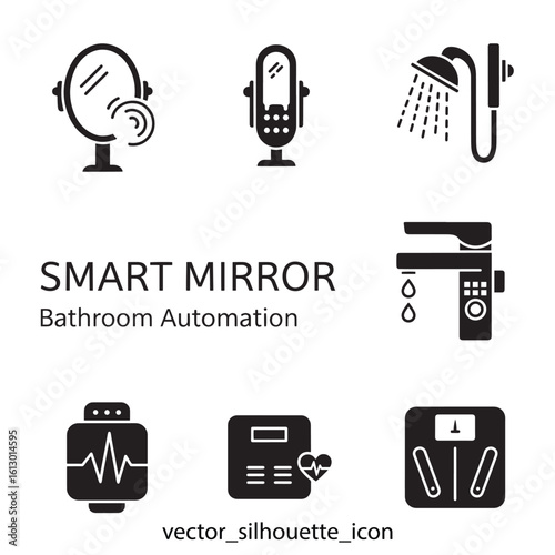 Smart home bathroom automation icons, vector silhouette, smart mirror, shower, radio, toothbrush, razor, health monitor, for app, website, UI, or presentation