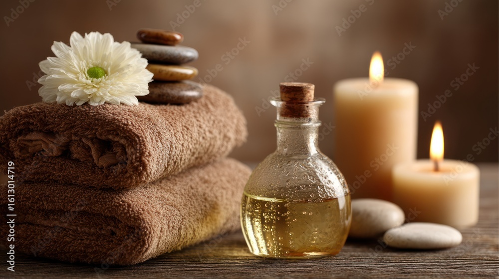 A serene spa setting with a bottle of essential oil, towels, and candles. A serene spa setting with a bottle of essential oil, towels, and candles.