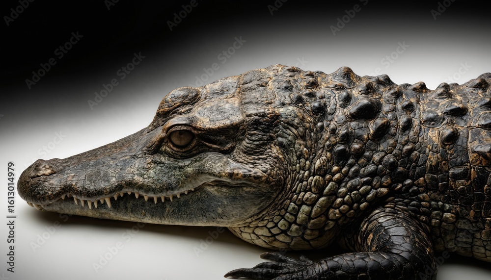 Obraz premium Close-up of large reptile with pointed snout and dark eyes. Crocodile body in black and gray tones. Uniform gray background provides contrast to reptile colors.