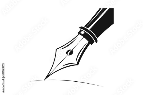 Classic fountain pen nib drawing a curved line in a silhouette style isolated on white background