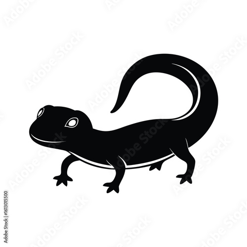 Black silhouette of a salamander in side profile walking pose