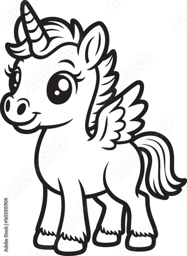 Alicorn foal with wings and a spiraled horn silhouette line art design royalty free image premium quality
