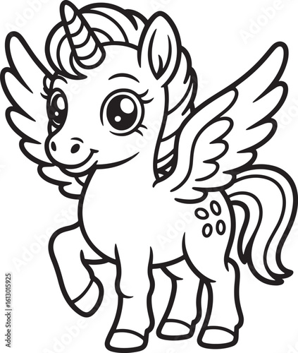 Alicorn foal with wings and a spiraled horn silhouette line art design royalty free image premium quality