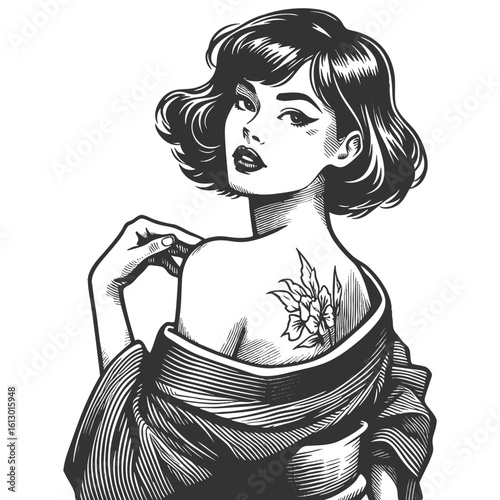 woman revealing shoulder in floral shoulder tattoo, with vintage hair and confident expression sketch engraving generative ai fictional character vector illustration. Scratch board. Black and white.