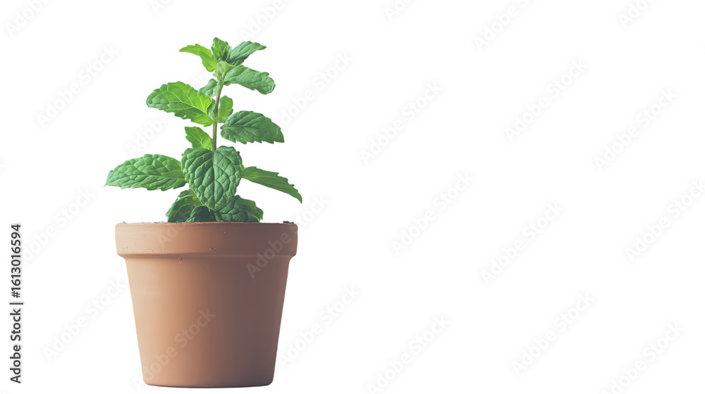 Fototapeta premium A vibrant green mint plant on clay pot isolated on transparent background