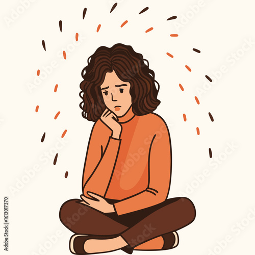 Pensive Young Woman with Curly Hair Lost in Thought with a Blank Thought Bubble Representing Her Contemplative State
