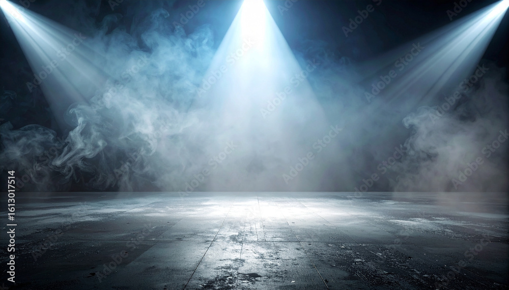 Fototapeta premium Spotlight Stage with Smoky Atmosphere: An empty stage, illuminated by bright spotlights against a backdrop of atmospheric fog, creating a sense of drama and anticipation.