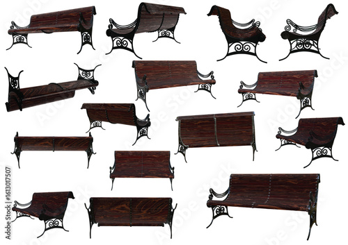 Vintage cast iron garden benches with oiled oak slats from 15 directions isolated vector objects created by 3D modeling.