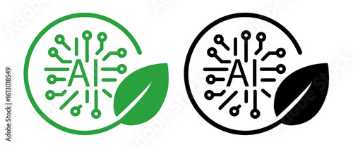 icon sustainable artificial intelligence green tech and ethical AI development AI abbreviation circuit board within a circular frame paired with a green leaf