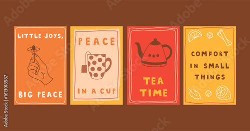 Slow Living Motivational Poster Set. Hand Drawn Simplicity Lifestyle Inspirational Banners and Cards with Tea. Cozy Minimalist decor for Cafe and Restaurant. Vector illustration