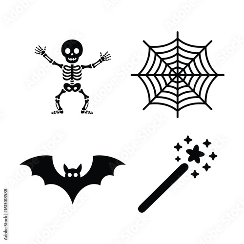 Halloween icons skeleton spiderweb bat magic wand silhouette.