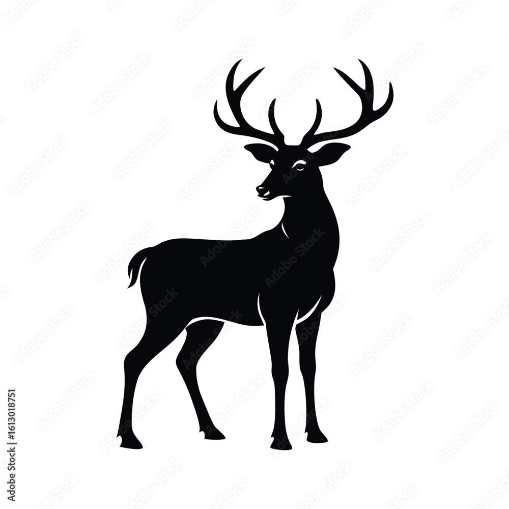 Obraz premium Majestic standing deer with prominent antlers in a striking black silhouette design