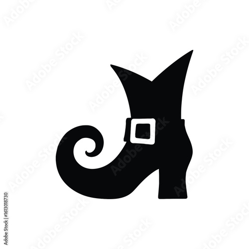 Black silhouette of a witch s boot with buckle and curl.