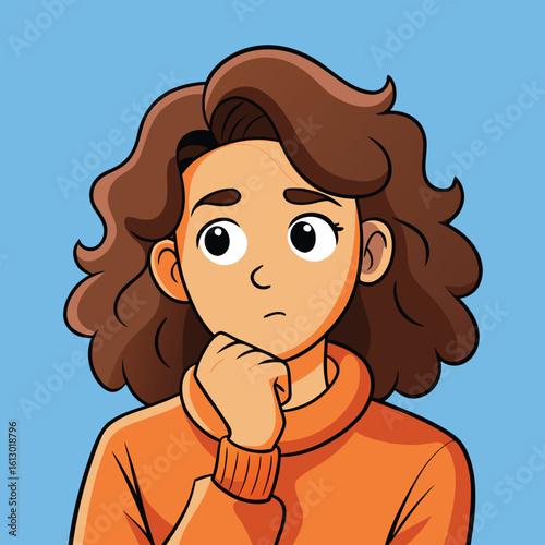 Pensive Young Woman with Curly Hair Lost in Thought with a Blank Thought Bubble Representing Her Contemplative State