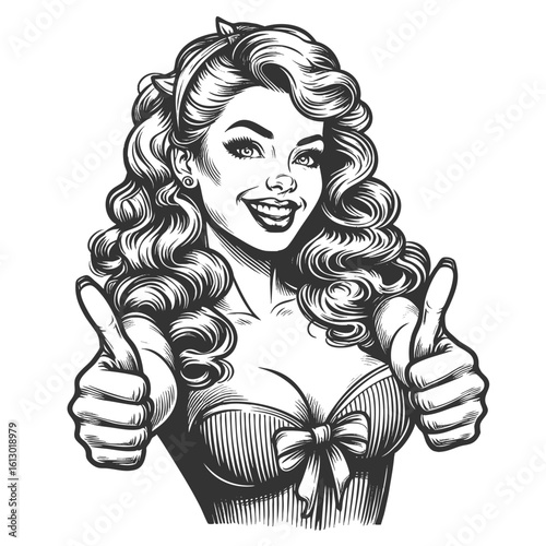 cheerful woman in classic dress giving two thumbs up with a wide smile sketch engraving generative ai fictional character vector illustration. Scratch board imitation. Black and white image.