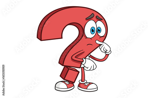 Cartoon red question mark character with worried expression and hands on chin isolated on white background silhouette