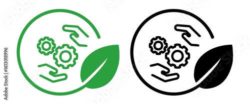icon hands holding gears within a circular frame paired with green leaf representing sustainable technology eco innovation and collaborative environmental solutions