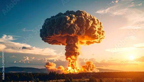 Nuclear Explosion Mushroom cloud rising against sunset sky with dramatic concept.