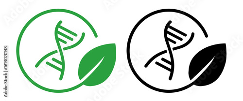 icon featuring a DNA helix structure within a circular frame green leaf representing genetic engineering biotechnology biological essence of environmental sustainability