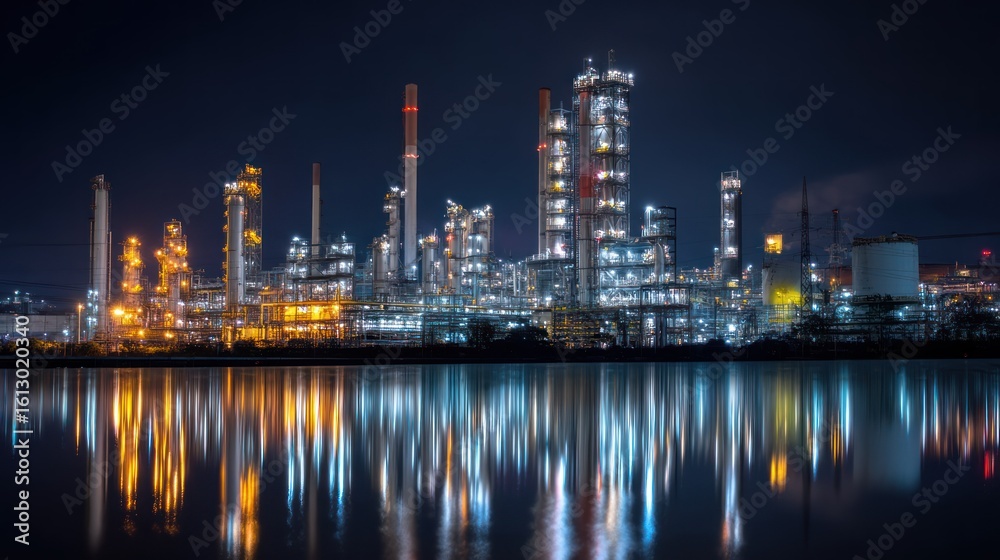 Fototapeta premium A large, industrial oil refinery with multiple towers and pipelines at night, reflecting in a calm body of water.