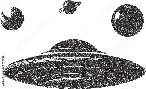 Alien vintage y2k stipple art, ufo halftone stipple brutalist retro vector png with transparent background, cosmic 2000s aesthetic photocopy effect tattoo