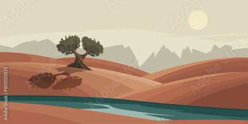 Solitary ancient olive tree beside tranquil river under pale sun vector